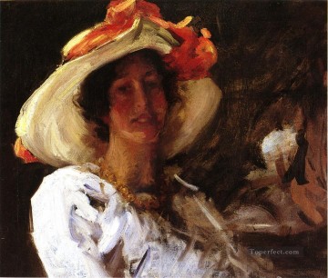 ウィリアム・メリット・チェイス Painting - オレンジのリボンが付いた帽子をかぶったクララ・スティーブンスの肖像 ウィリアム・メリット・チェイス